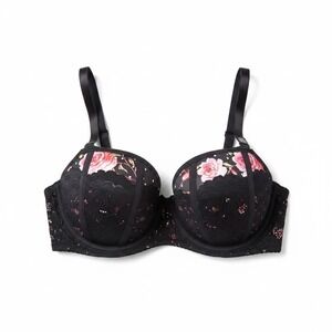 Torrid 38D Black Lace Pink Rose Floral Underwire Balconette Bra Intimates